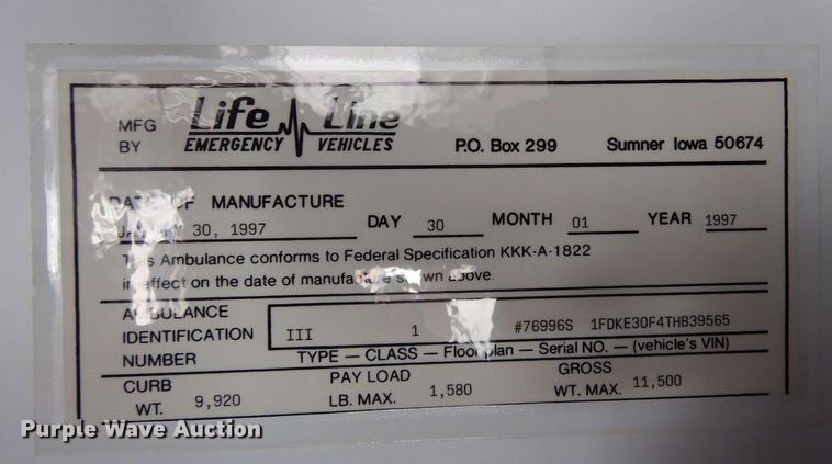 image for item DF8310 1996 Ford E350  ambulance