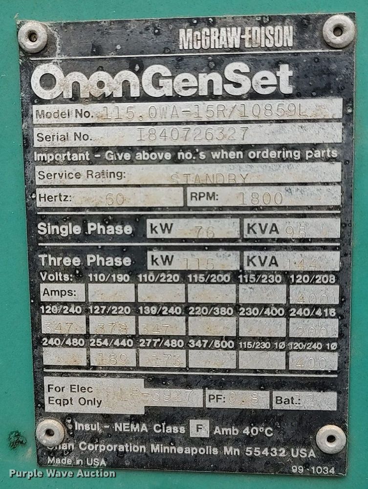 image for item DO3789 Onan GenSet 115  generator