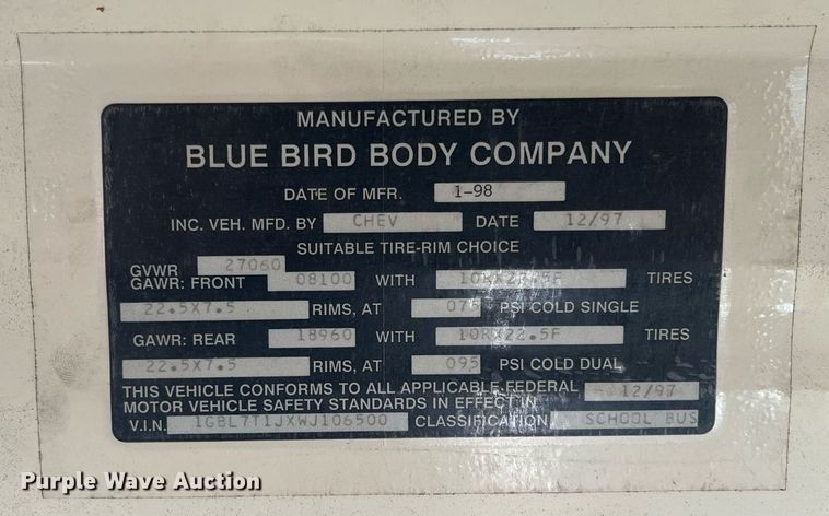 image for item DQ4032 1998 Blue Bird B7  school bus