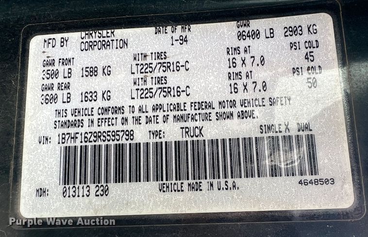 image for item ID9486 1994 Dodge Ram 1500  pickup truck