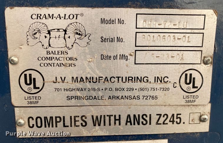 image for item IG9914 2001 Cram-A-Lot DHR-72-LU  vertical material baler