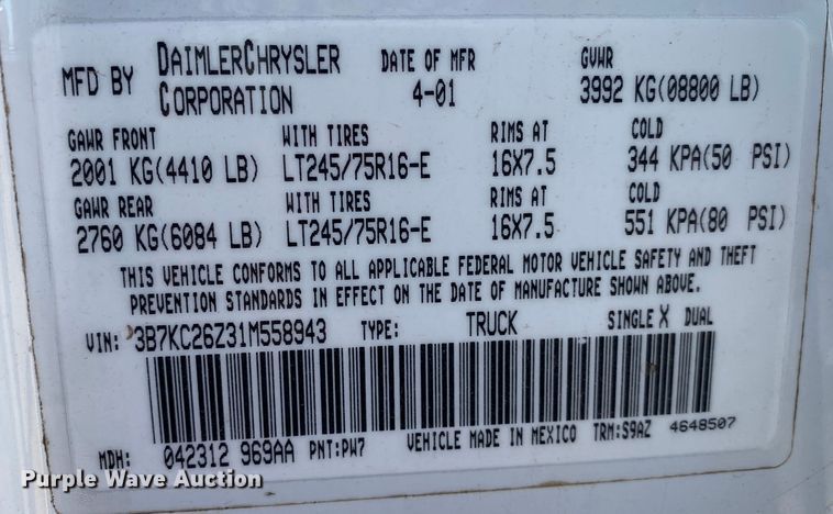 image for item IG9918 2001 Dodge Ram 2500  pickup truck