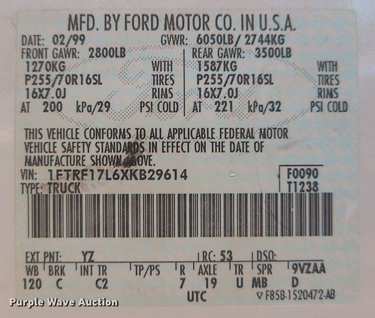 image for item JW9830 1999 Ford F150  pickup truck