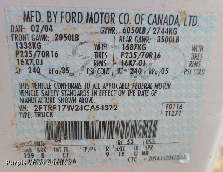 image for item JW9831 2004 Ford F150  pickup truck