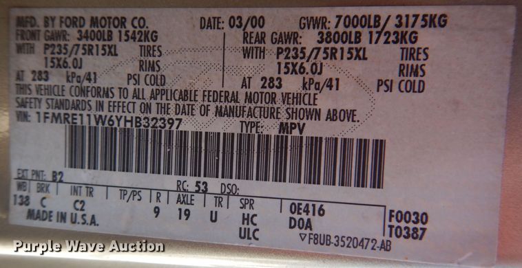 image for item KW9593 2000 Ford E150 XL  van