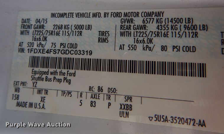 image for item MM9647 2016 Ford E450  shuttle bus