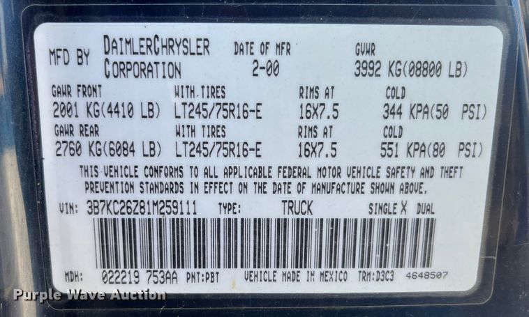 image for item MW9459 2001 Dodge Ram 2500  pickup truck