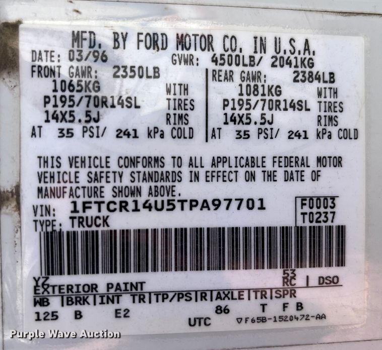 image for item MW9489 1996 Ford Ranger  SuperCab pickup truck