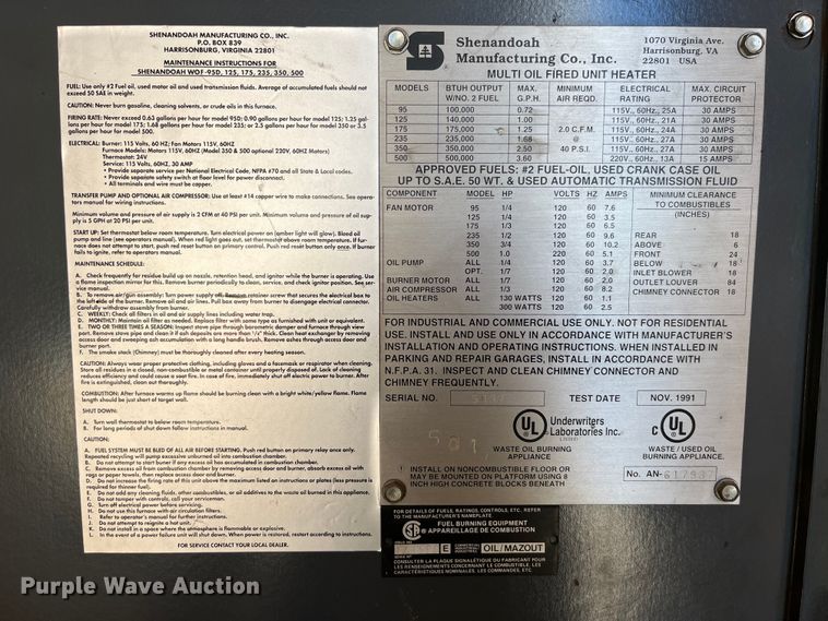 image for item MW9498 Shenandoah 175  waste oil heater