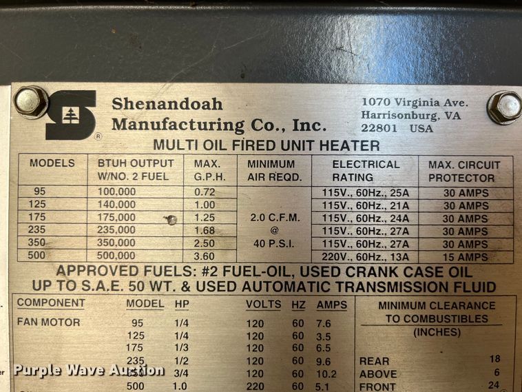 image for item MW9498 Shenandoah 175  waste oil heater