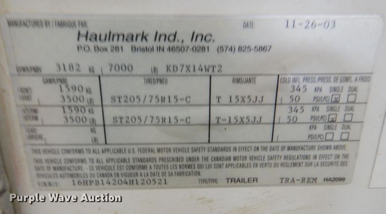 image for item DK5015 2004 Haulmark  enclosed cargo trailer with pressure testing system