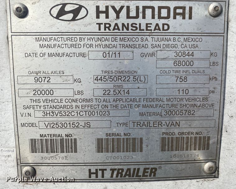 image for item DL6989 2012 Hyundai Translead  dry van trailer