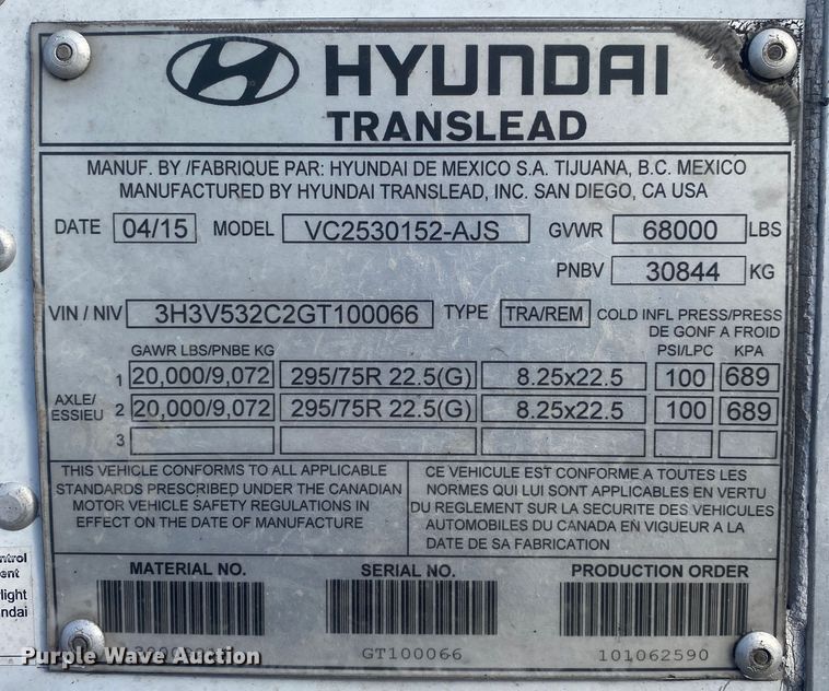 image for item DL6991 2016 Hyundai Translead  dry van trailer