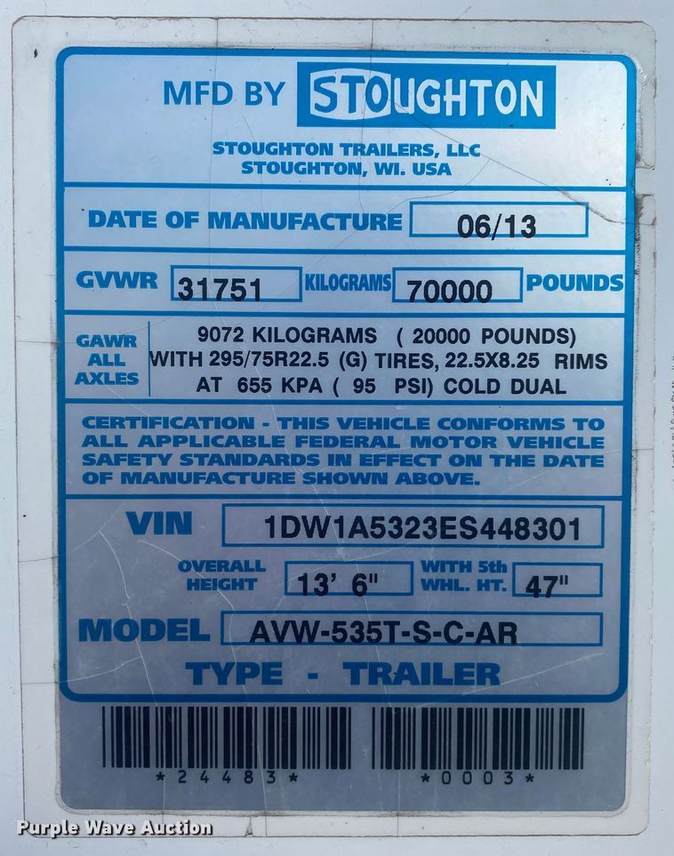 image for item DL6992 2014 Stoughton  dry van trailer