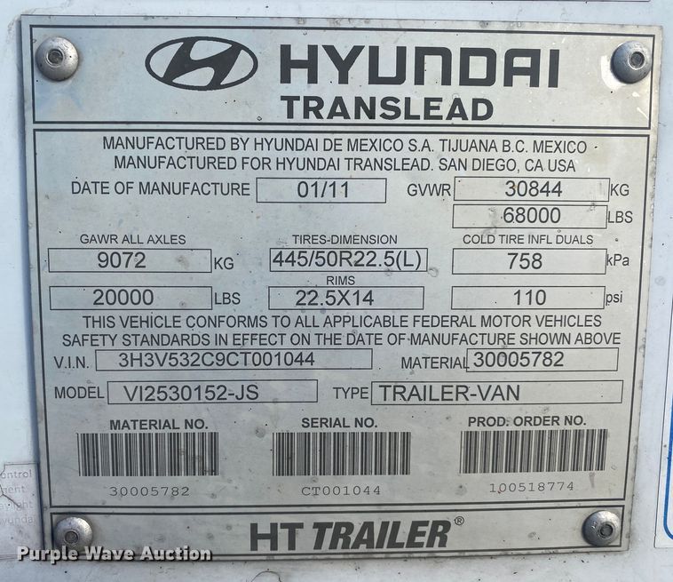 image for item DL6993 2012 Hyundai  dry van trailer