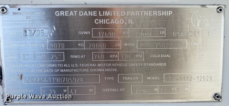 image for item JW9185 2009 Great Dane CLR-1112-12028  refrigerated van trailer