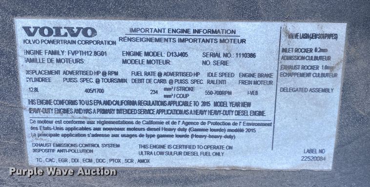 image for item JW9197 2016 Volvo D13  semi truck