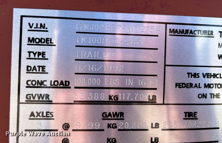 image for item MW9468 1993 Trail King TK100HDG-483  lowboy equipment trailer