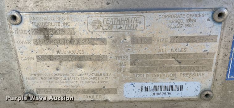 image for item DN8179 2003 Featherlite 3110  utility trailer