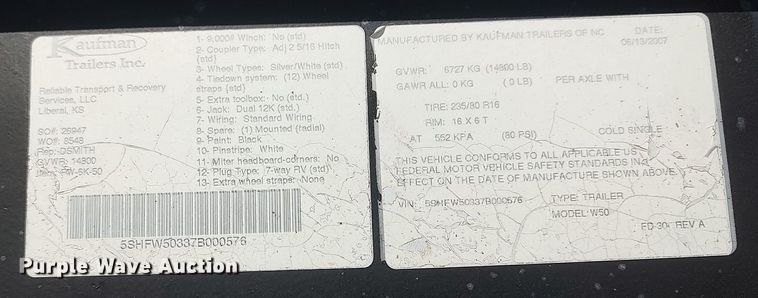 image for item DO3769 2007 Kaufman W50  car carrier