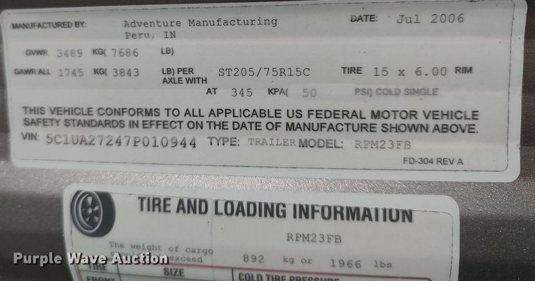 image for item DO3807 2007 Timberland RPM23FB  toy hauler camper