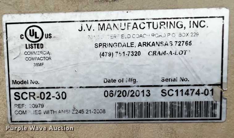 image for item DQ1974 2013 J.V. Manufacturing SCR-02-30  roll-off trash compactor