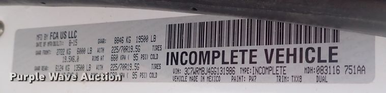 image for item DQ4926 2016 Dodge Ram 5500  truck cab and chassis