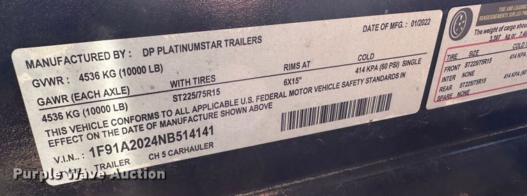 image for item DR7499 2022 DP Platinumstar  equipment trailer