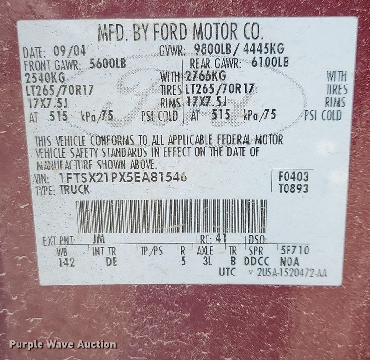 image for item IO9400 2005 Ford F250 Super Duty XLT  SuperCab pickup truck