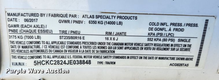 image for item JB9649 2018 Atlas ACG828TA5  enclosed cargo trailer