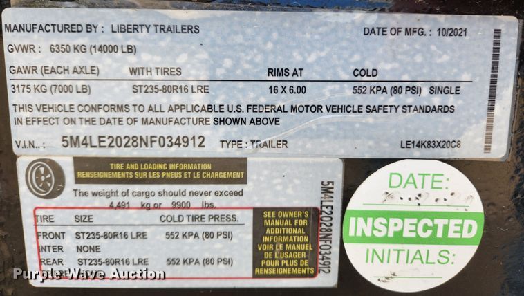 image for item JB9660 2022 Liberty LE14K83X20C8  equipment trailer