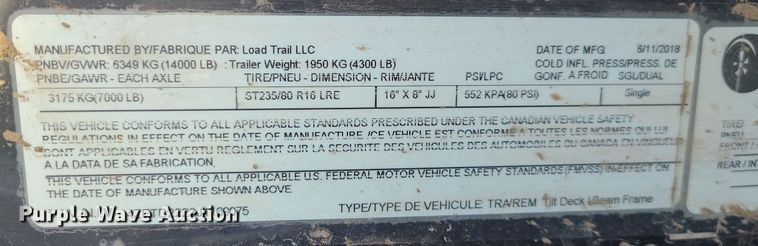 image for item JG9418 2018 Load Trail  tilt deck equipment trailer