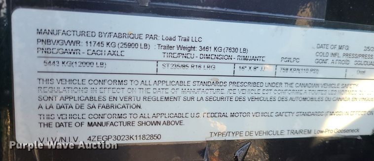 image for item JG9420 2019 Load Trail  equipment trailer