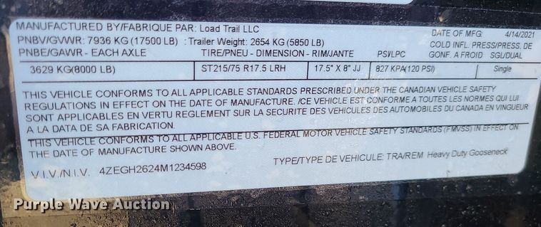 image for item JG9421 2021 Load Trail  equipment trailer
