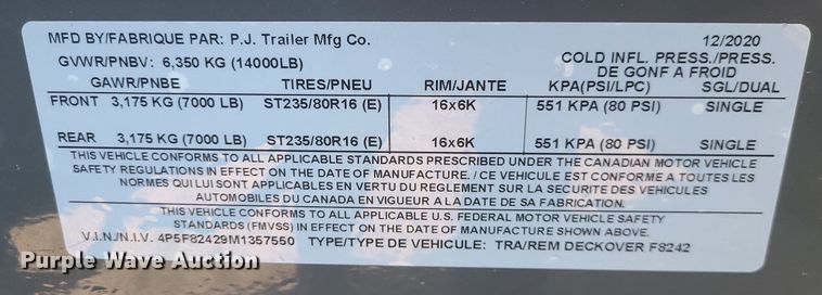 image for item JG9422 2021 PJ  equipment trailer