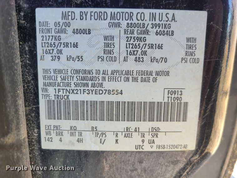 image for item JG9432 2000 Ford F250 Super Duty  SuperCab pickup truck