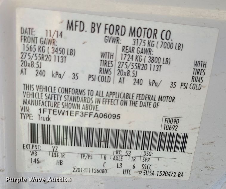 image for item JG9459 2015 Ford F150 XLT  SuperCrew pickup truck