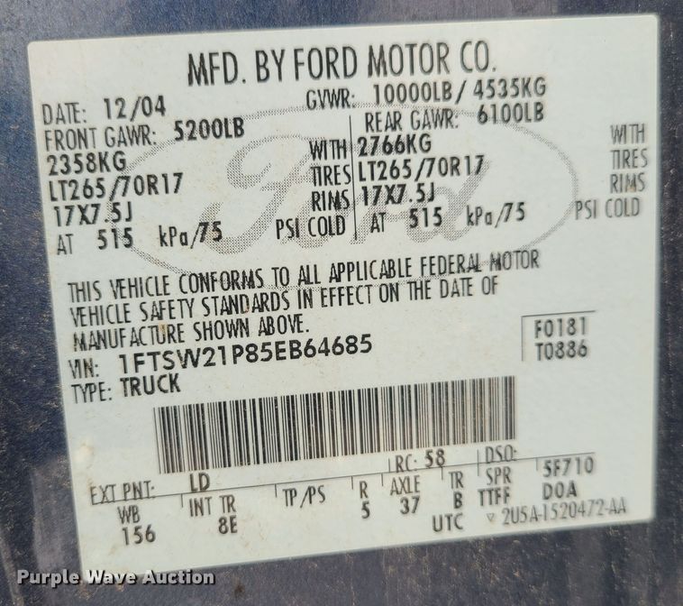 image for item JG9464 2005 Ford F250 Super Duty  Crew Cab pickup truck