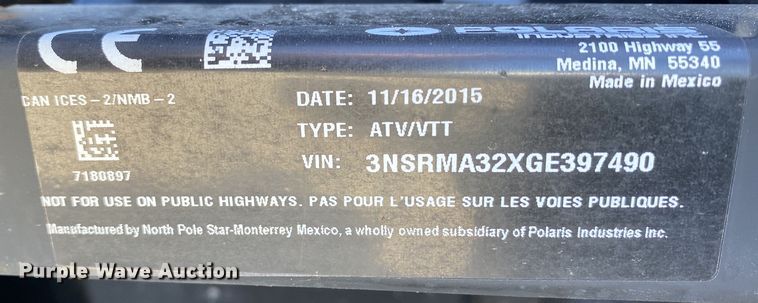 image for item JW9177 2016 Polaris Ranger ETX  utility vehicle