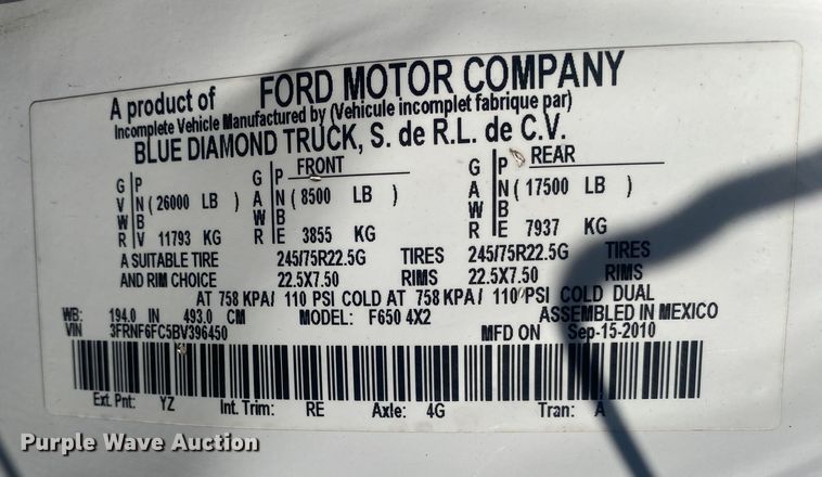 image for item JW9189 2011 Ford F650  flatbed truck