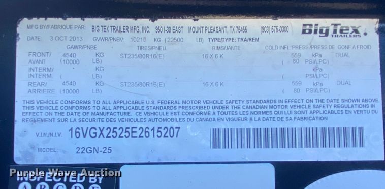 image for item JW9193 2014 Big Tex 22GN-25  equipment trailer