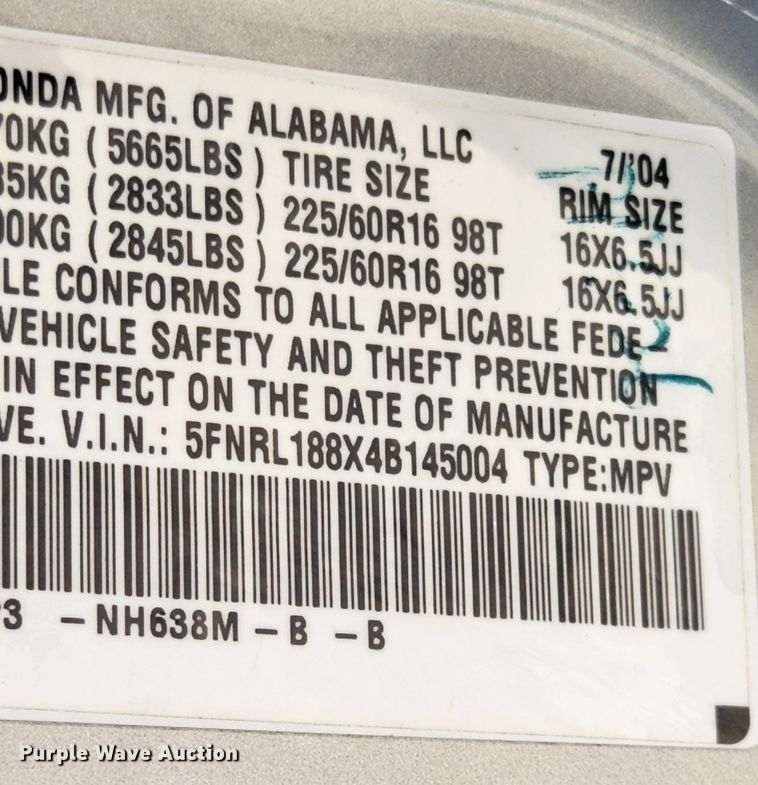 image for item KT9384 2004 Honda Odyssey  van