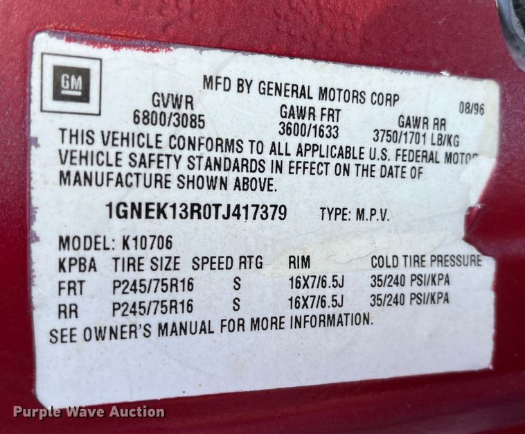 image for item LA9793 1996 Chevrolet Tahoe  SUV