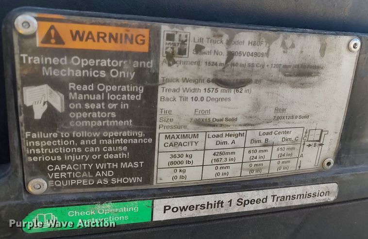 image for item LF9536 2015 Hyster 80  forklift