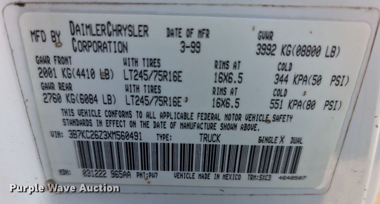 image for item LF9560 1999 Dodge Ram 2500  pickup truck