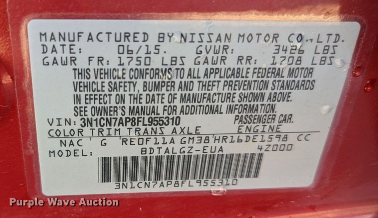 image for item LF9563 2015 Nissan Versa SL