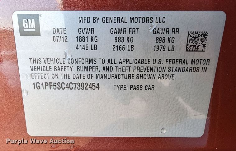 image for item LF9564 2012  Chevrolet Cruze LT