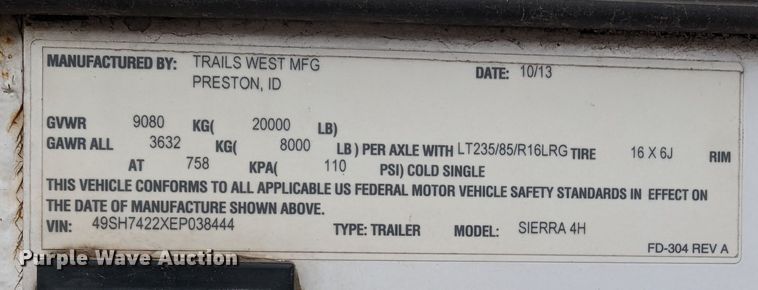 image for item LF9567 2014 Trail West  livestock trailer