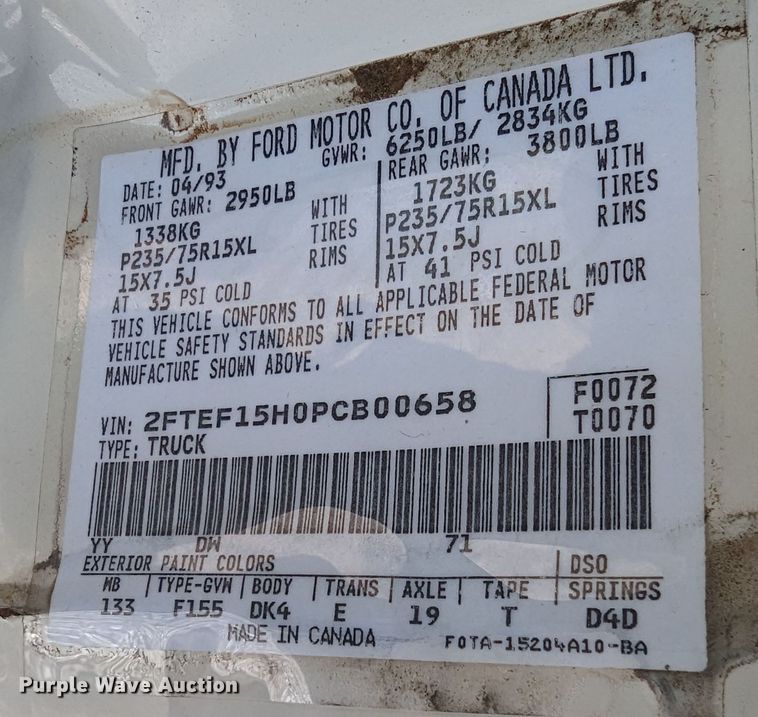 image for item LF9575 1993 Ford F150  pickup truck