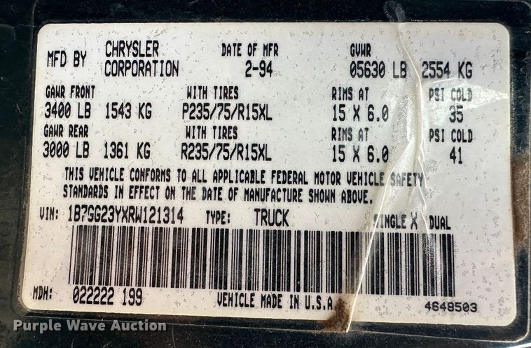 image for item LT9463 1994 Dodge Dakota  Club Cab pickup truck